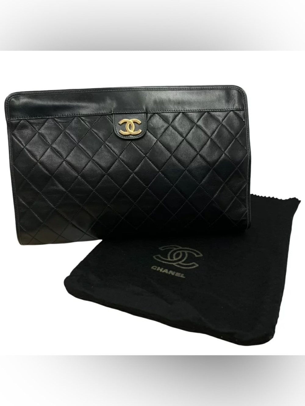 Authentic CHANEL vintage 24k gold hardware black lambskin clutch